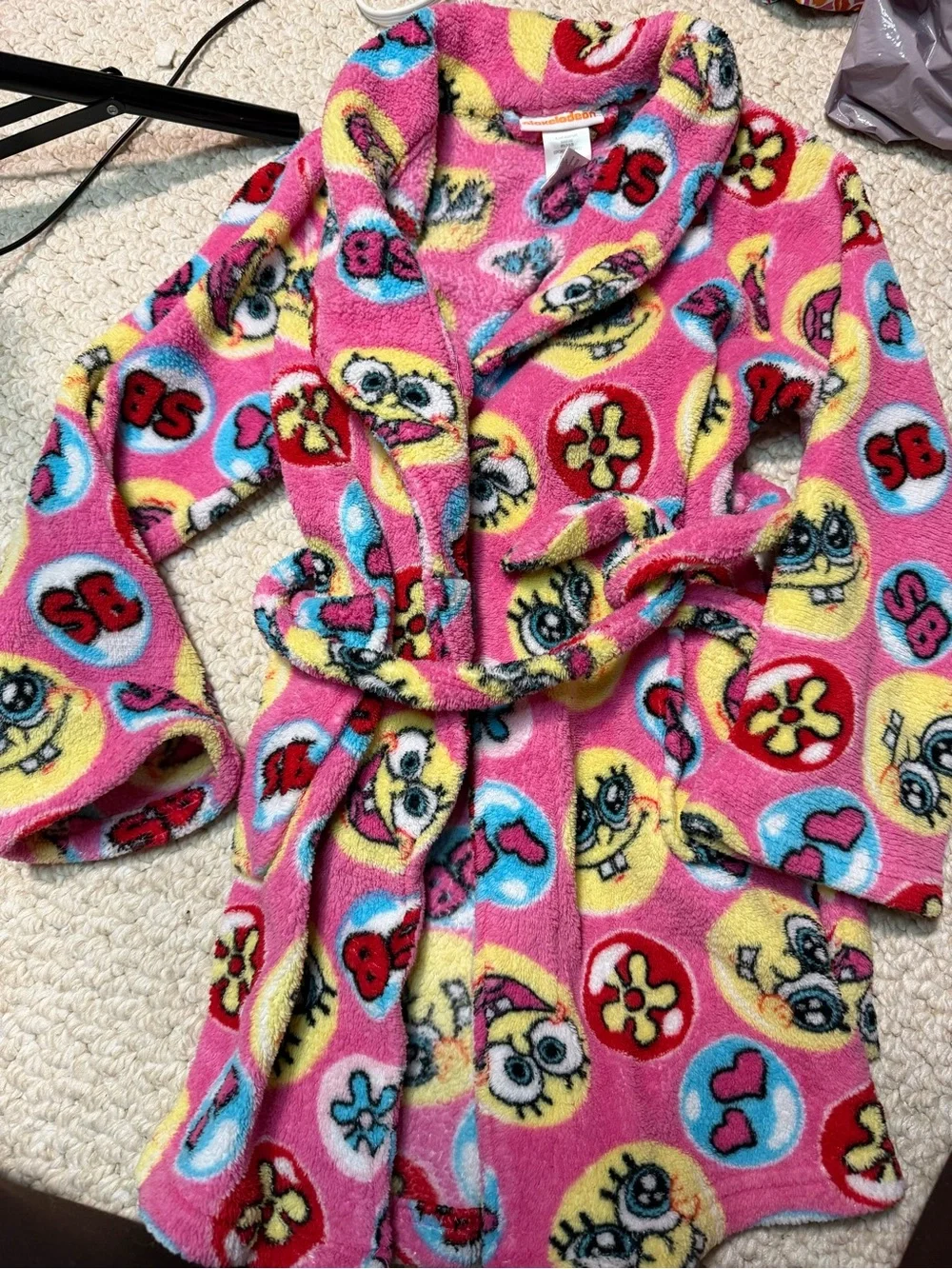 Y2k SpongeBob Kids Plush Pink Robe Multicolor